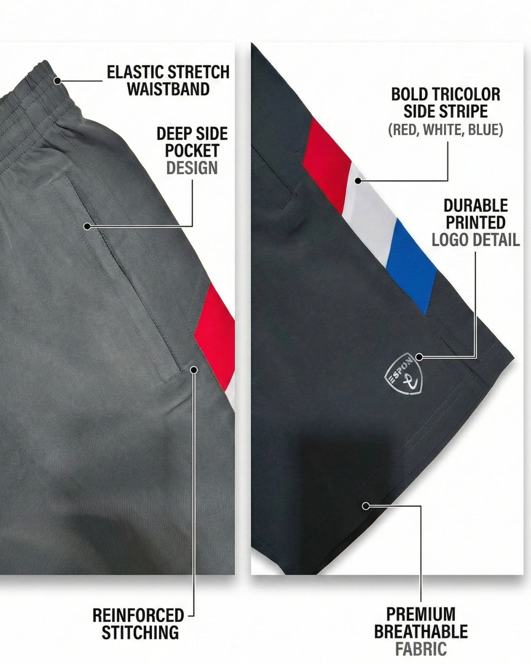 Men's track pants with elastic waistband, deep pockets, tricolor side stripe, and breathable fabric