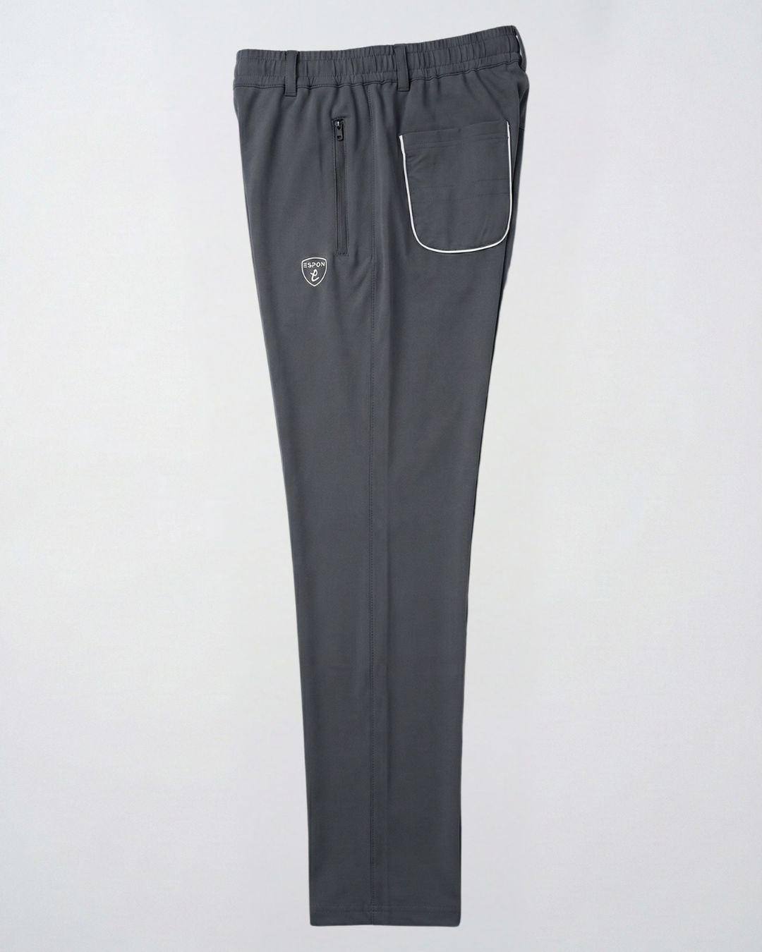 Dark grey track pants with white piping pocket, elastic waist, and zipper for activewear