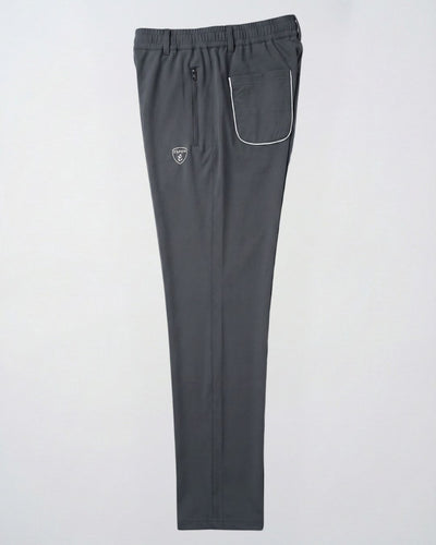 Dark grey track pants with white piping pocket, elastic waist, and zipper for activewear