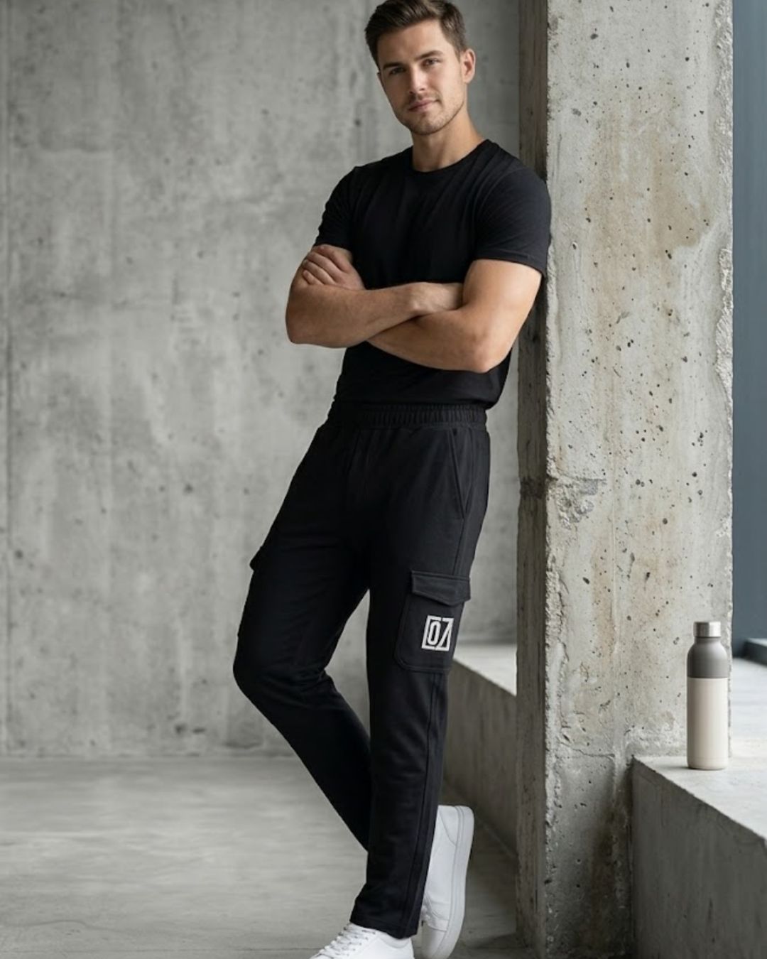 Man in black track pants with cargo pockets and black t-shirt, posing in modern indoor space