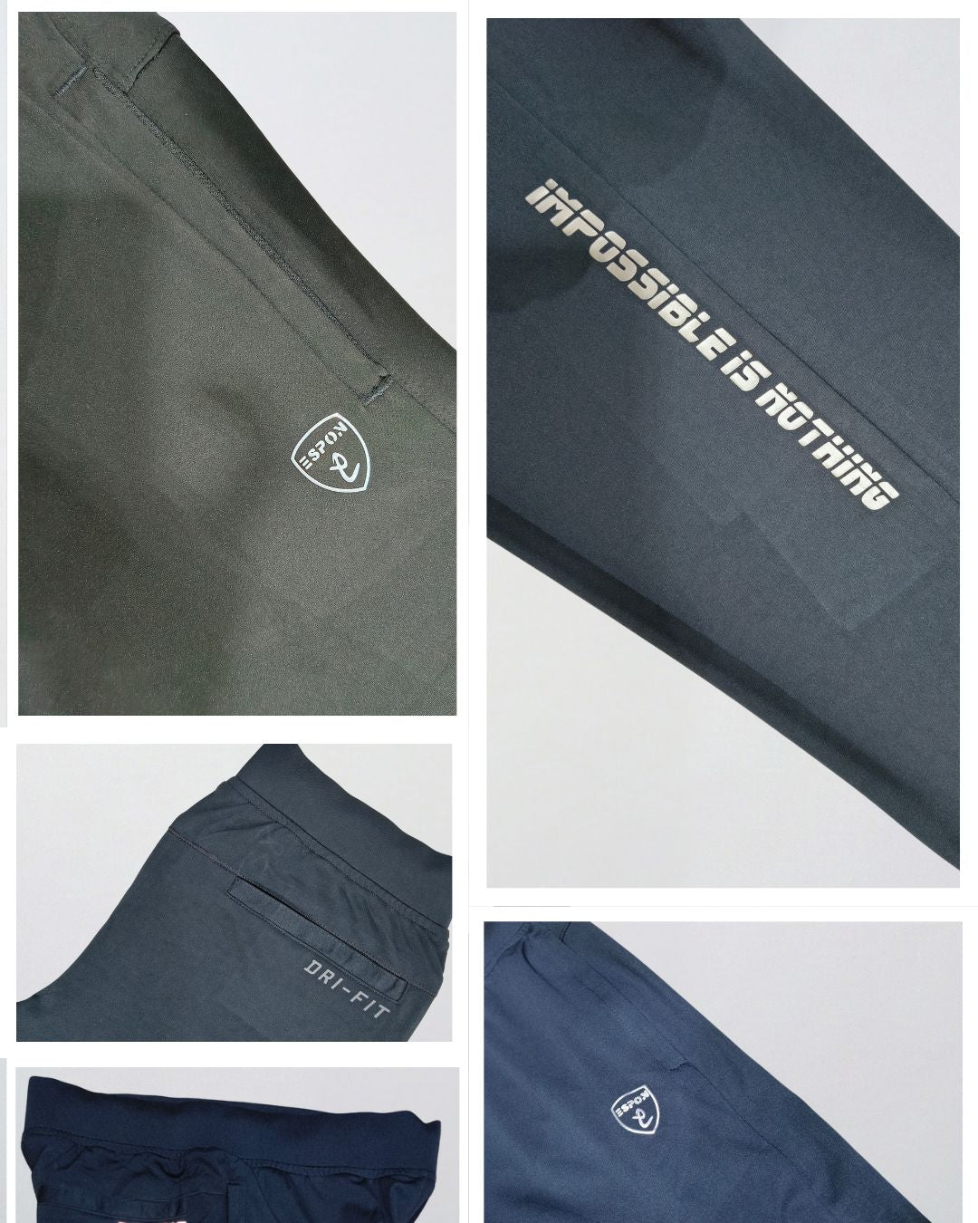 collage of men's Dri-Fit track pants in dark colors with elastic waistbands and logo prints