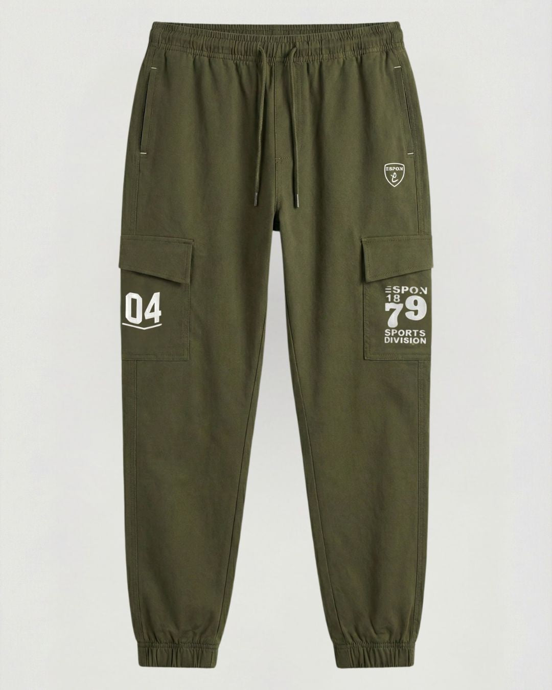 Olive green cargo track pants with elastic cuffs and sports graphic prints on pockets