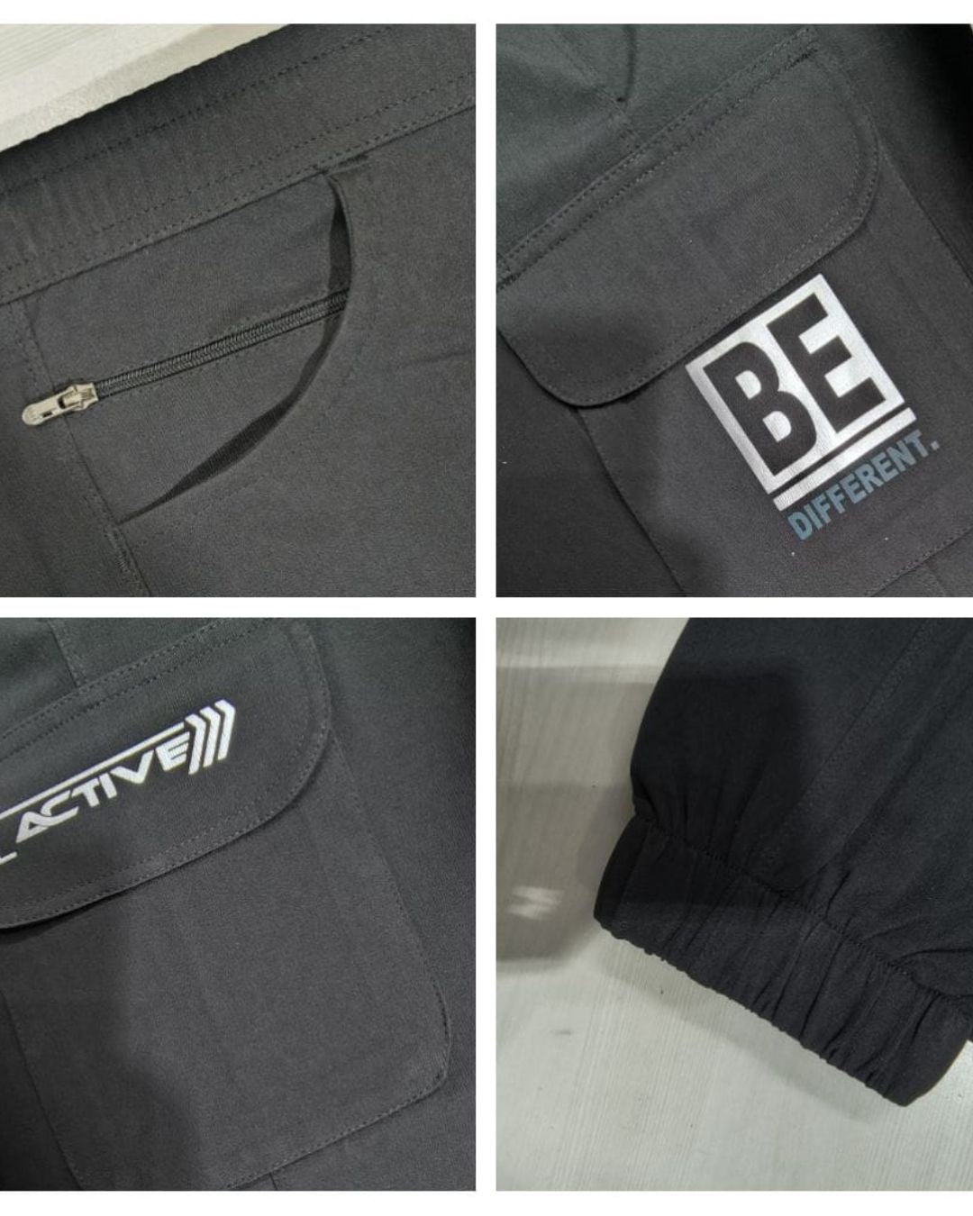 Black track pants close-up with zipper pocket, cargo pockets, elastic cuff, sporty design