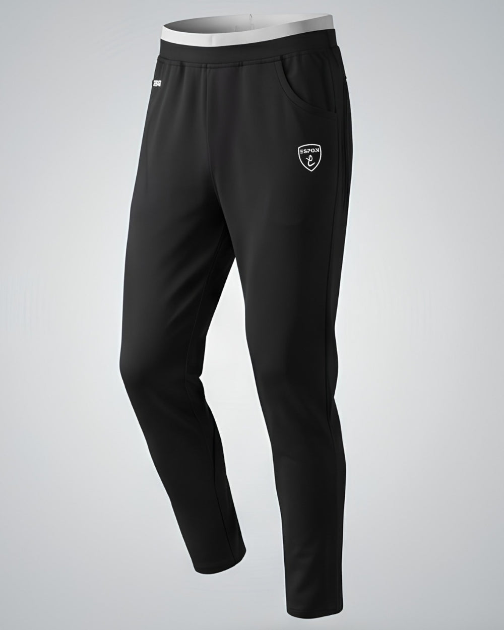 Black athletic track pants with white elastic waistband and side pockets on plain background