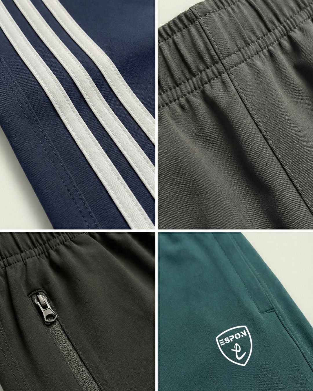 collage of track pants features with side stripes, elastic waistband, zip pocket, and logo detail
