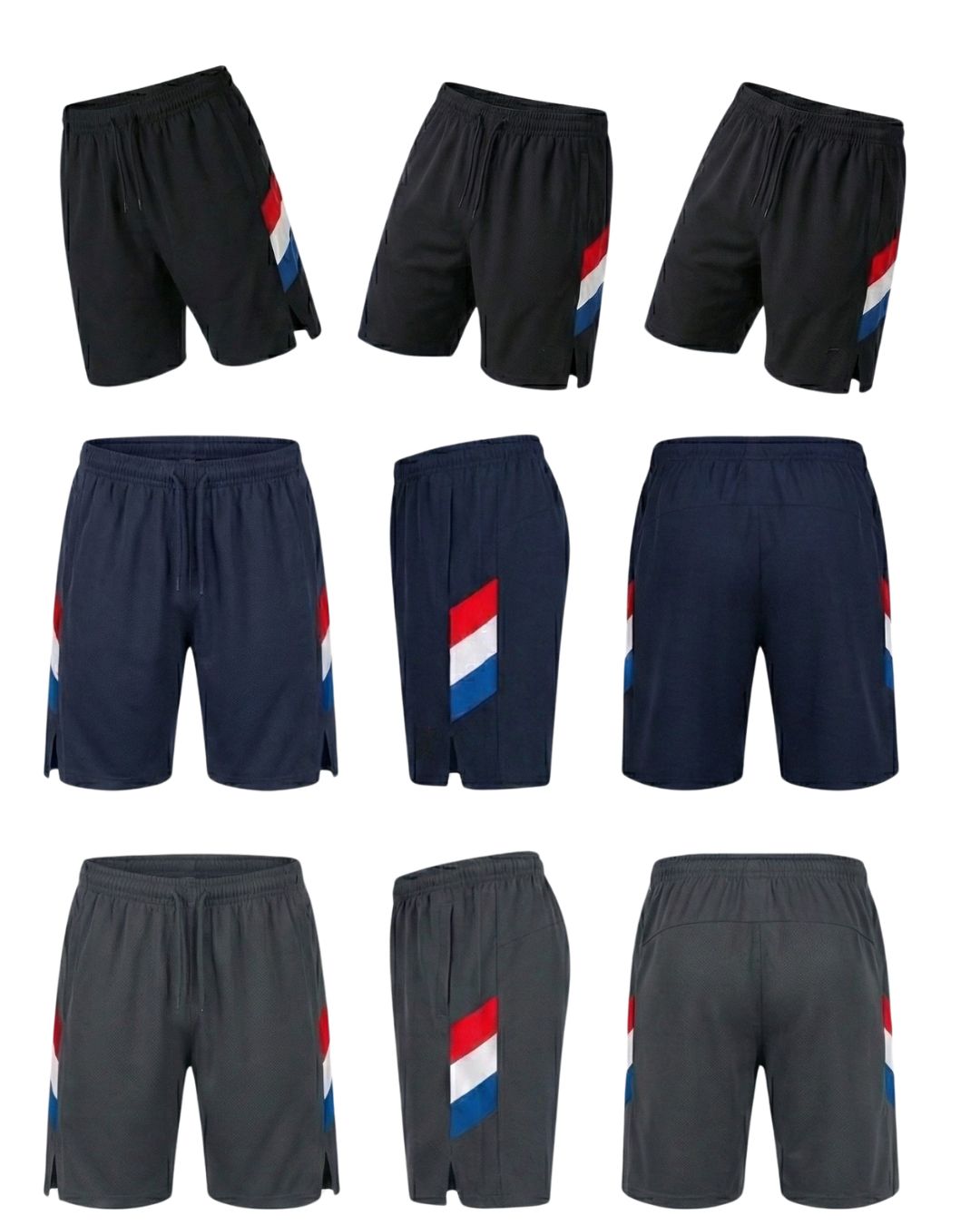 Men's athletic shorts in black, navy, and grey with red, white, and blue side stripes, displayed front, side, and back views.