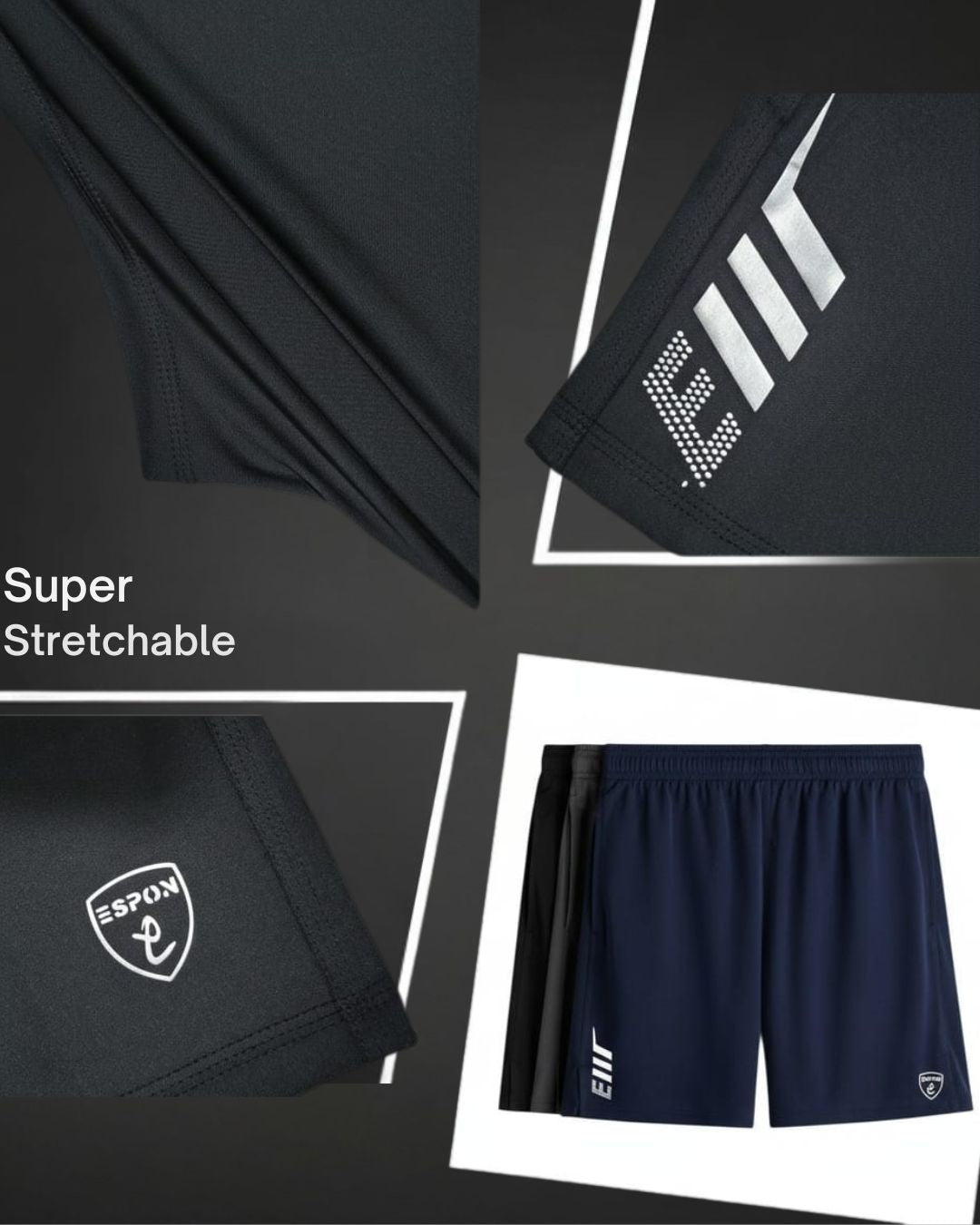 Super stretchable men's athletic shorts, black and navy, with logo and striped detail