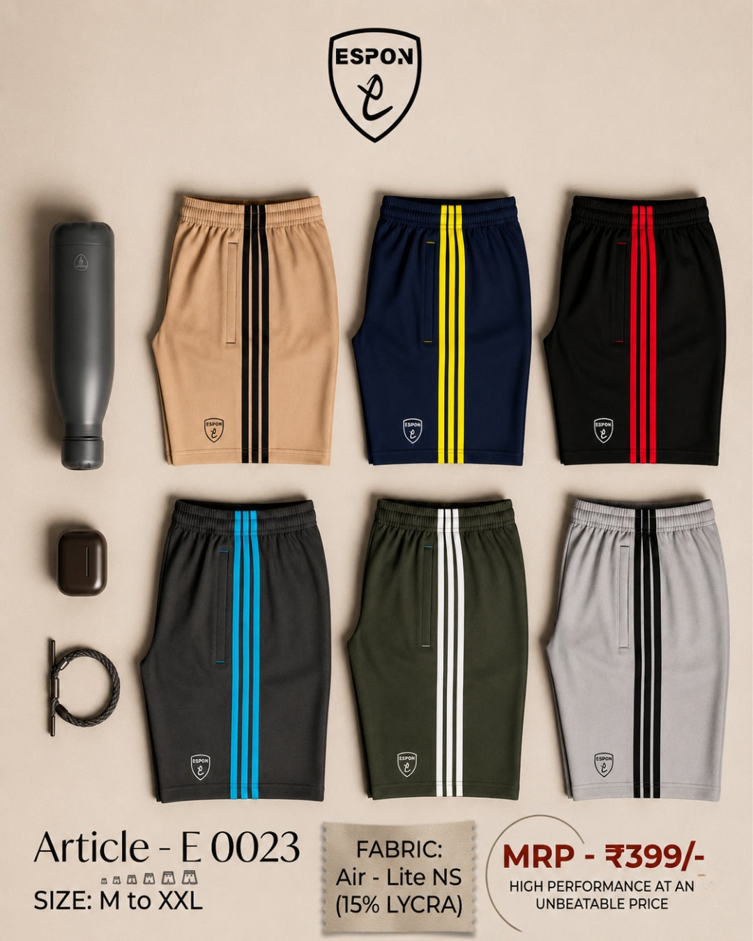 Six pairs of athletic shorts in different colors are arranged on a beige background with accessories and text overlays. The shorts include beige, navy, black, dark gray, olive green, and light gray, each featuring three vertical stripes down the side.