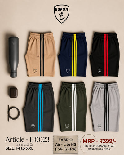 Six pairs of athletic shorts in different colors are arranged on a beige background with accessories and text overlays. The shorts include beige, navy, black, dark gray, olive green, and light gray, each featuring three vertical stripes down the side.